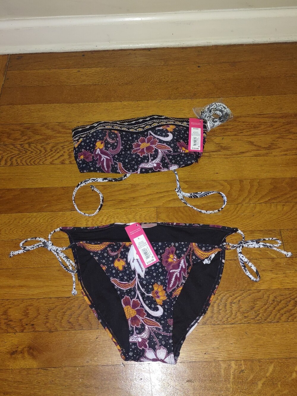 NWT black floral paisley bikini set bandeau top strappy tie bottom L top D/DD